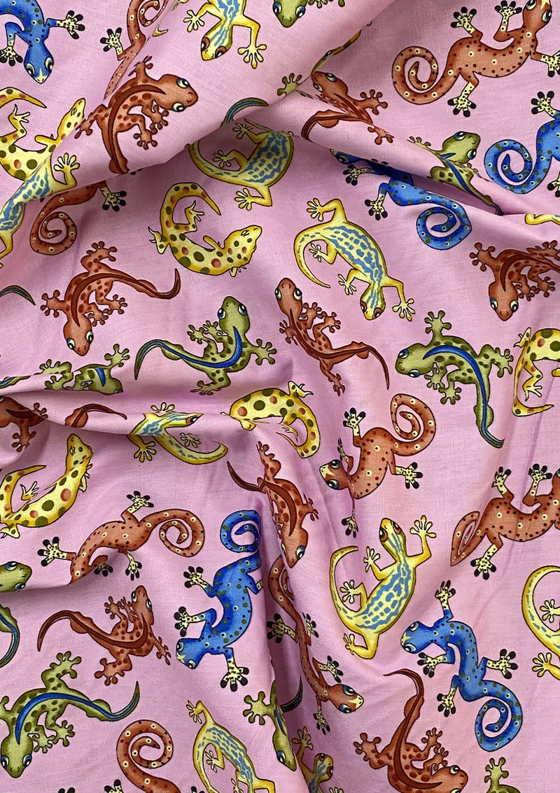Pink Lizards Cotton Print Fabric Multicoloured Gecko Lizards 100% Cotton 45'' Wide Crafts Dressing D
