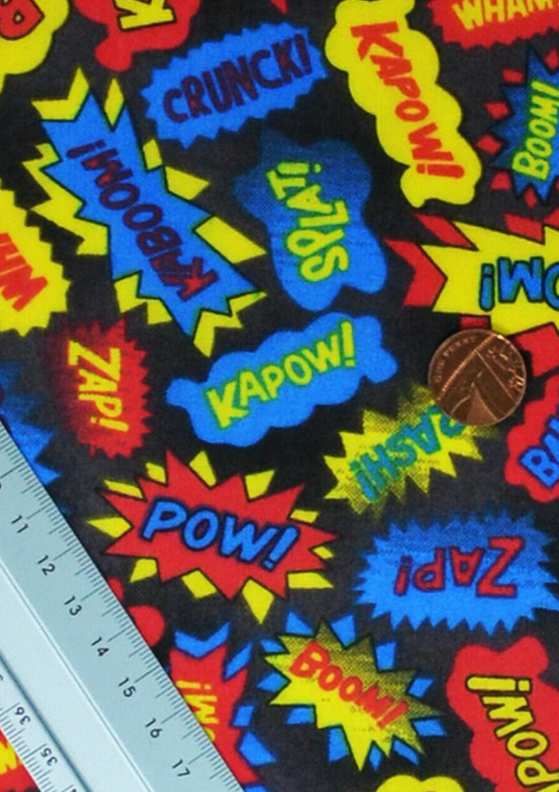 Superhero Sound Effects Polycotton Printed Fabric Comic 45" Wide Crafting D