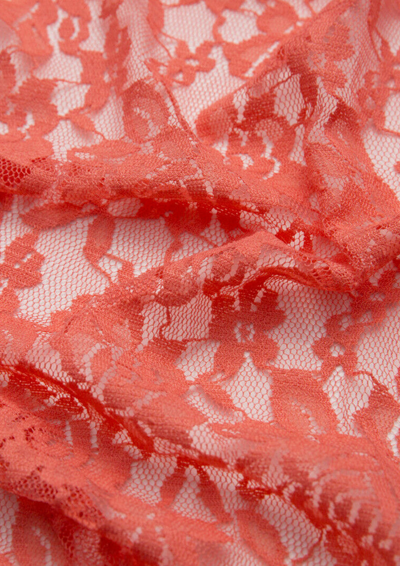 Coral Peach Lace Stretch Dress Material In A Rose Floral Pattern Flo Clrs Nylon Spandex 60"