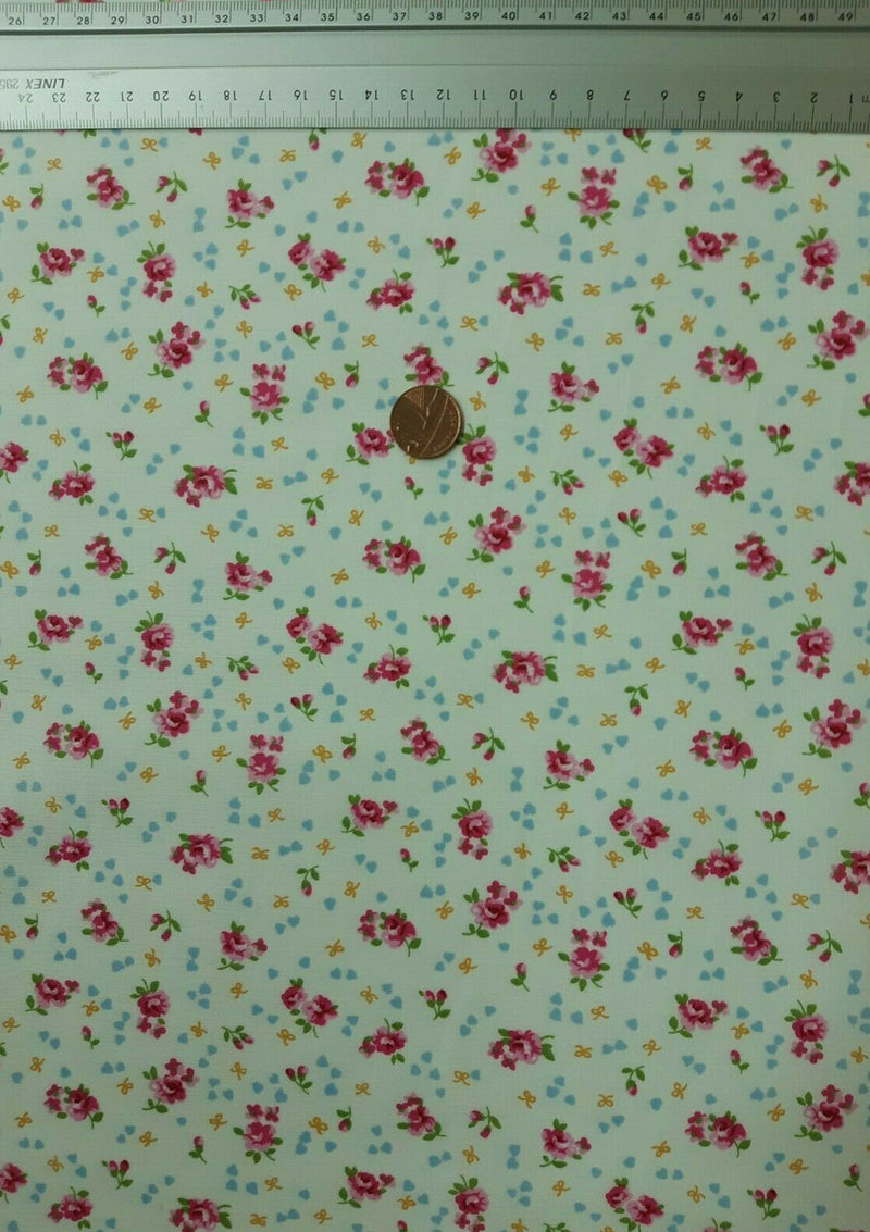 100% 45" Craft Cotton Poplin Fabric Floral + Mini Hearts Print D