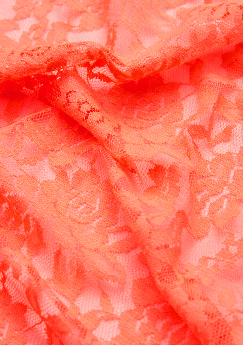 Neon Orange Lace Stretch Dress Material In A Rose Floral Pattern Flo Clrs Nylon Spandex 60"
