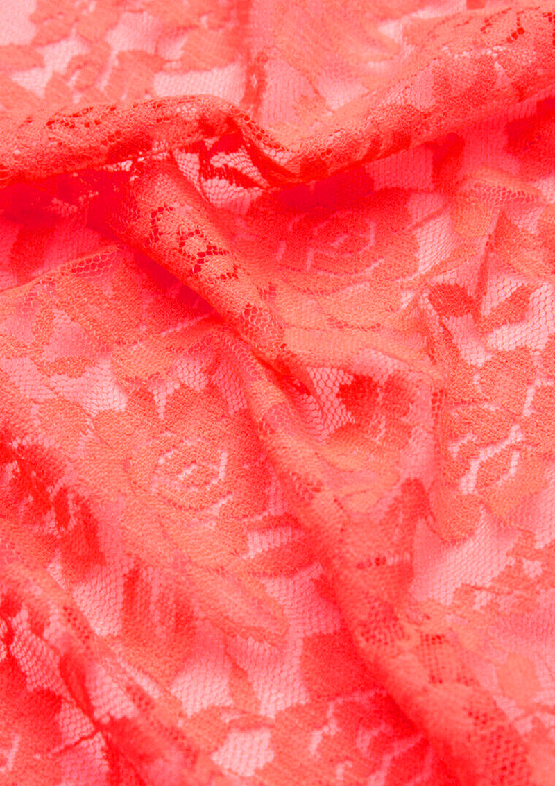 Neon Peach Lace Stretch Dress Material In A Rose Floral Pattern Flo Clrs Nylon Spandex 60"
