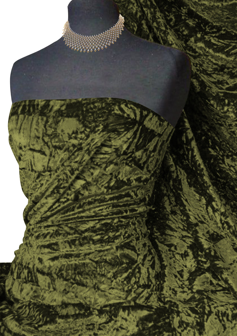 Olive Green Premium Spun Ice Crush Effect Velvet 2 Way Spandex 60" Craft, Dress & Decoration