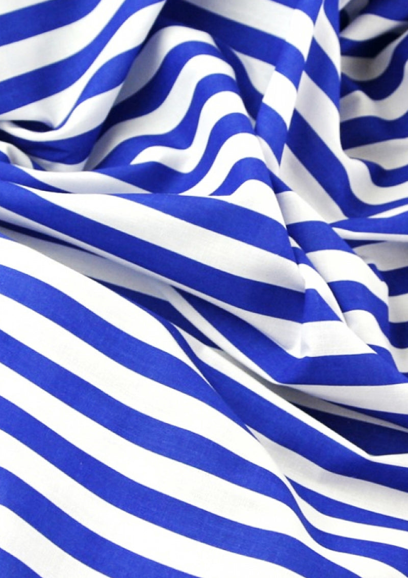 Royal Blue Broad Stripes Polycotton Printed Fabric Horizontal 17mm Stripes 45" Craft D