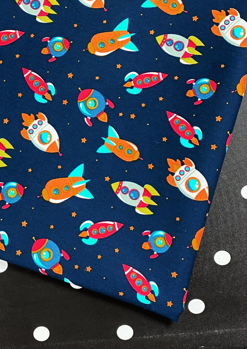 Rockets Spaceships Print Cotton Fabric 45" Wide Poplin Space Theme Dress D