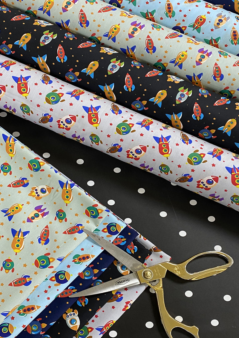 Rockets Spaceships Cotton Print Fabric Space Theme 45" Wide 100% Craft Poplin Dress Material D
