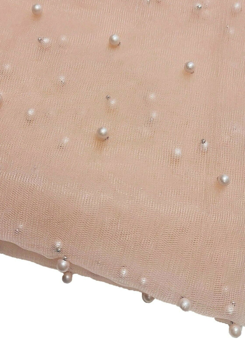 Peachy Pink 60" Net Fashion Studded Pearl Beaded Bridal Fabric Decoration/craft/dress/scarf