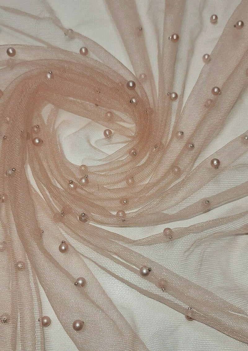 Peachy Pink 60" Net Fashion Studded Pearl Beaded Bridal Fabric Decoration/craft/dress/scarf