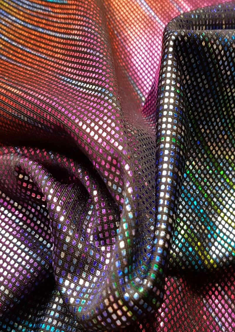 Rainbow Metallic Foil Jersey Fabric Stretch Disco Shiny 56" Dress Dance Costume Fashion
